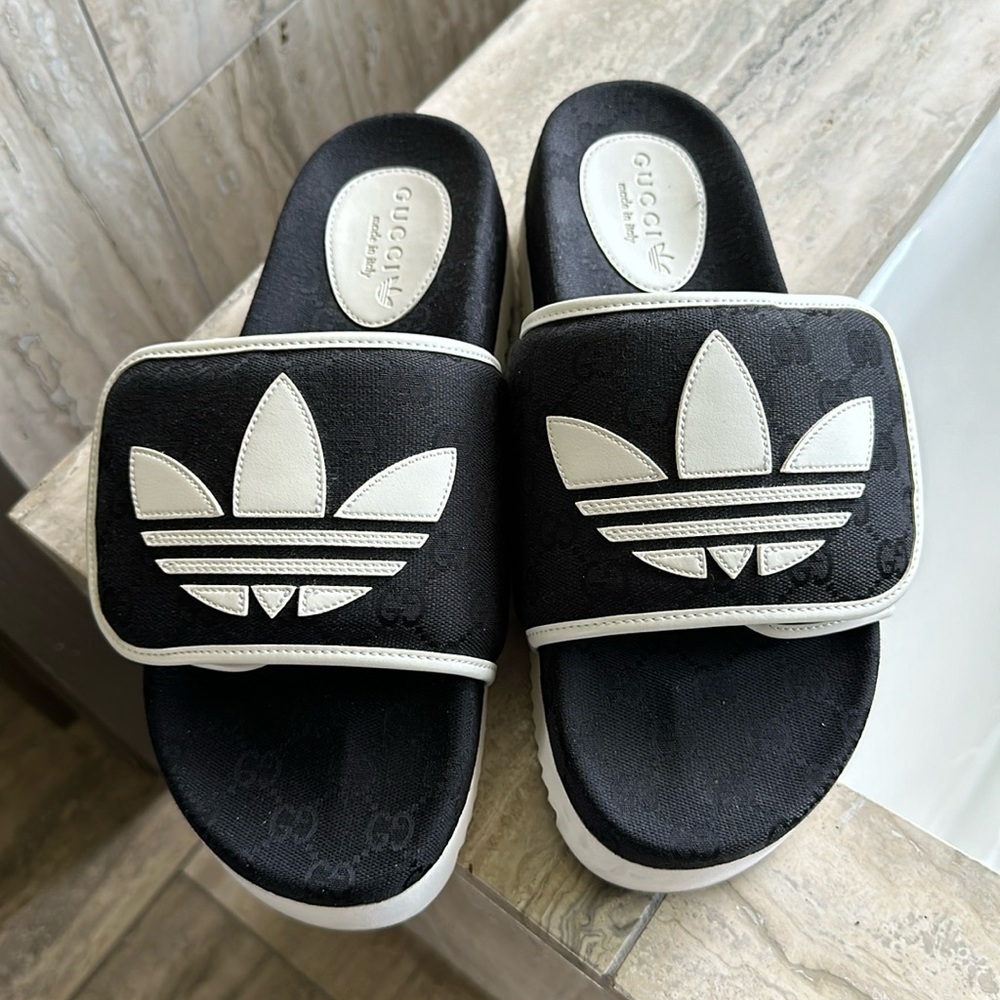 Adidas x Gucci Slides Sandals Shoe, Black/White, Gucci Sz 9